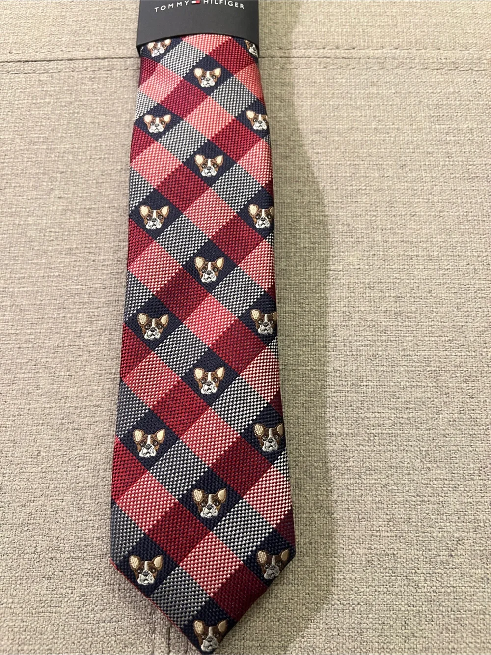 Tommy Hilfiger Red and Navy Plaid Silk Tie Featuring Embroidered French Bulldog